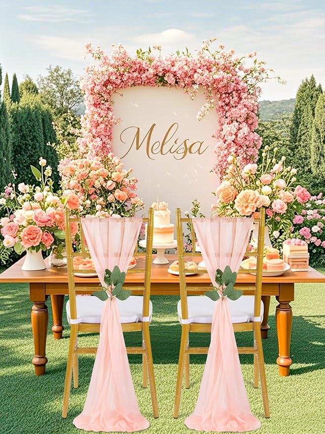 QueenDream Blush Chair Sashes Wedding: 36 Pieces Long Sheer Wedding Aisle Chair Decorations Tulle ChairCovers with Artificial Eucalyptus