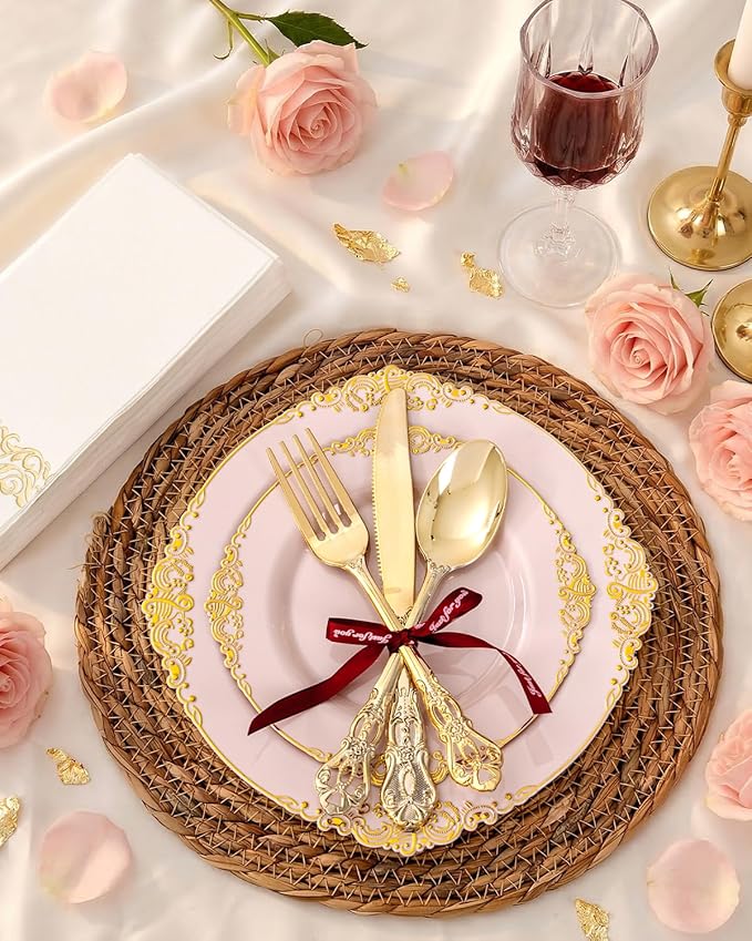 Ciaell 300PCS Pink and Gold Plastic Plates - Pink Disposable Dinnerware Sets for 50 Guests - 100 Plates, 50 Knives, 50 Forks, 50 Spoons, and 50 Napkins for Wedding, Party & Mother's Day