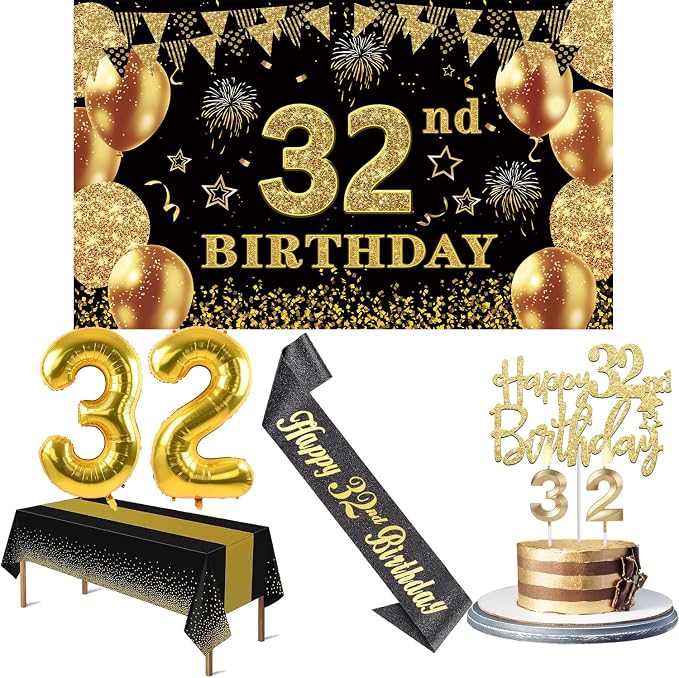 32nd Birthday Decorations Men Women with 32nd Birthday Banner, Black and Gold Table Cloth, Number Balloons, Large Sash, Cake Topper and Candles