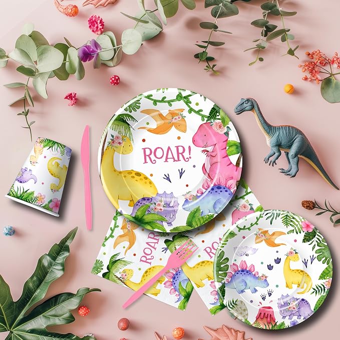 Srua Don Dinosaur Birthday Party Supplies Girl - Pink Dinosaur Party Decorations Tableware for Birthday Baby Shower, Paper Plate, Cup, Napkins, Tablecloth, Cutlery, Banner | Serves 24