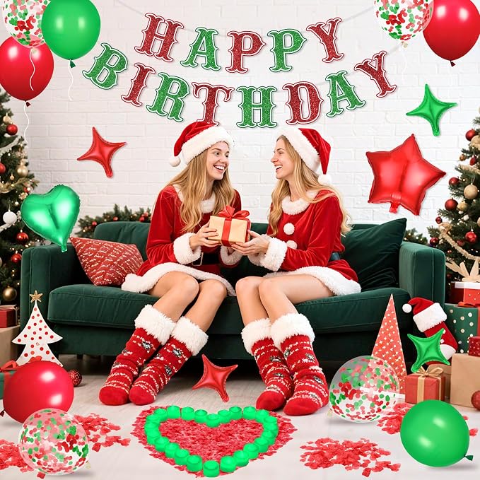 Red Green Happy Birthday Balloons Decorations Christmas Birthday Balloon Letters Banner with 6 Pcs Star Balloons Artificial Rose Petal 24 Flameless LED Candles for Room Hotel Party Supplies