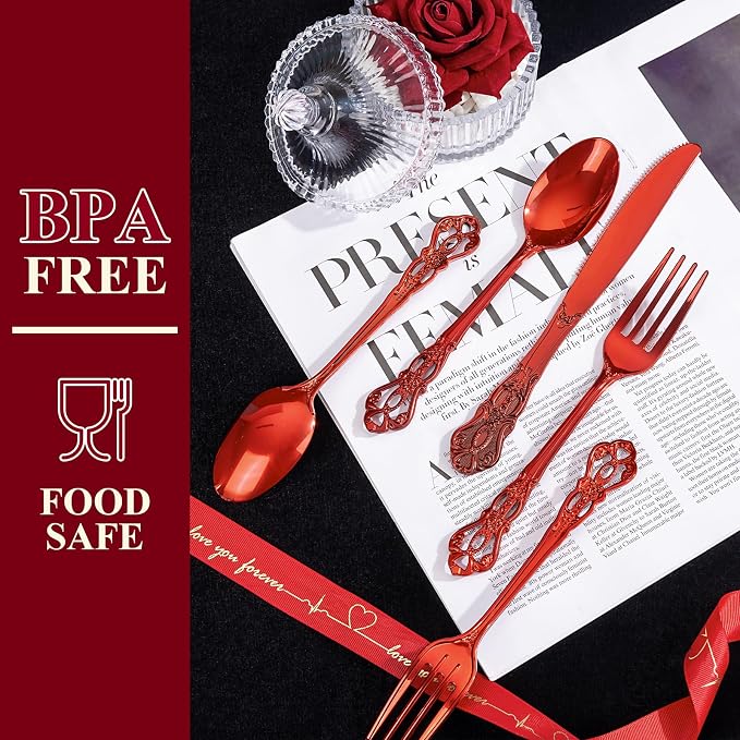 150PCS Red Plastic Silverware - Elegant Disposable Utensils - Heavy Duty Vintage Red Cutlery Sets Includes 50Forks, 50Spoons, 50Knives for Catering Dinner Party Wedding