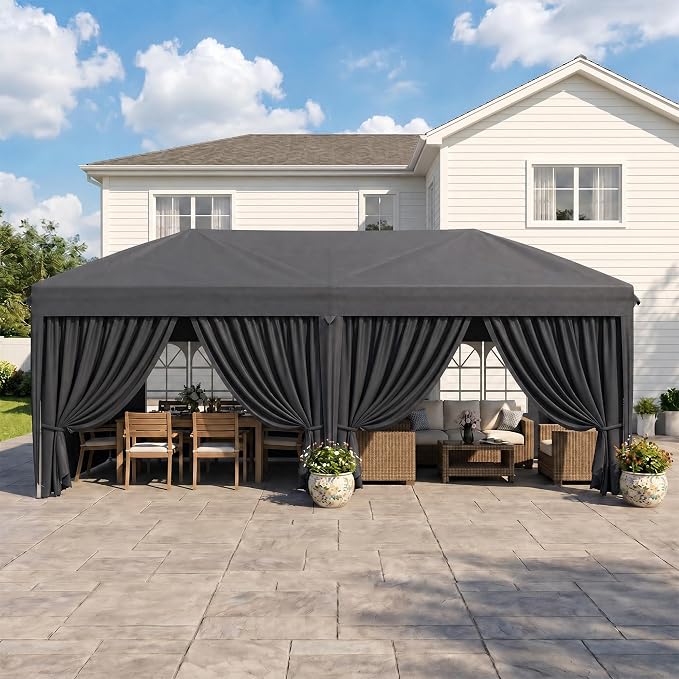 KIGOTY 10x20 FT Portable Pop Up Canopy Tent, Adjustable Height Instant Gazebo with Sidewalls,Sandbags, Waterproof Outdoor Canopy for Camping, Parties, Vendor Events (Grey, 3m × 6m with sidewalls)