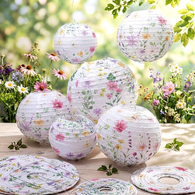 Baquler 12 Pcs Spring Wildflower Paper Lanterns Party Decorations Pink Purple Floral Hanging Lanterns 3 Styles for Baby in Bloom Baby Shower Wedding Garden Tea Summer Home Indoor Outdoor Party Decor