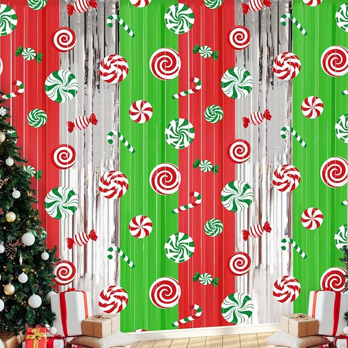Blosssound 2 Packs Christmas Party Decorations 3.3 x 6.6 ft Candy Cane Foil Fringe Curtain Xmas Holiday Tinsel Streamers for Xmas Winter Holiday Baby Shower Decoration(2 Packs, Christmas Candy)