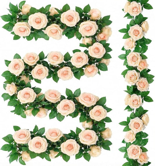 Suncalla 30 Pack 246ft Rose Garland Artificial Rose Flowers Vine with Green Leaves Hanging Fake Floral Garland Vine for Wedding Birthday Wall Garden Table Centerpiece Room Arch Decor(Champagne)