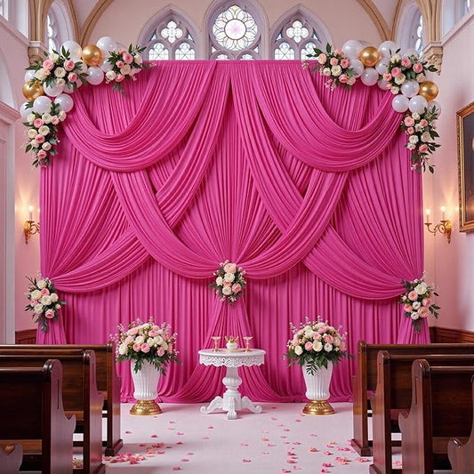 40ft x 10ft Fuchsia Backdrop Drapes for Parties, 8 Panels Wrinkle-Free Polyester Background Curtains for Wedding, Birthday, Baby Shower Decorations
