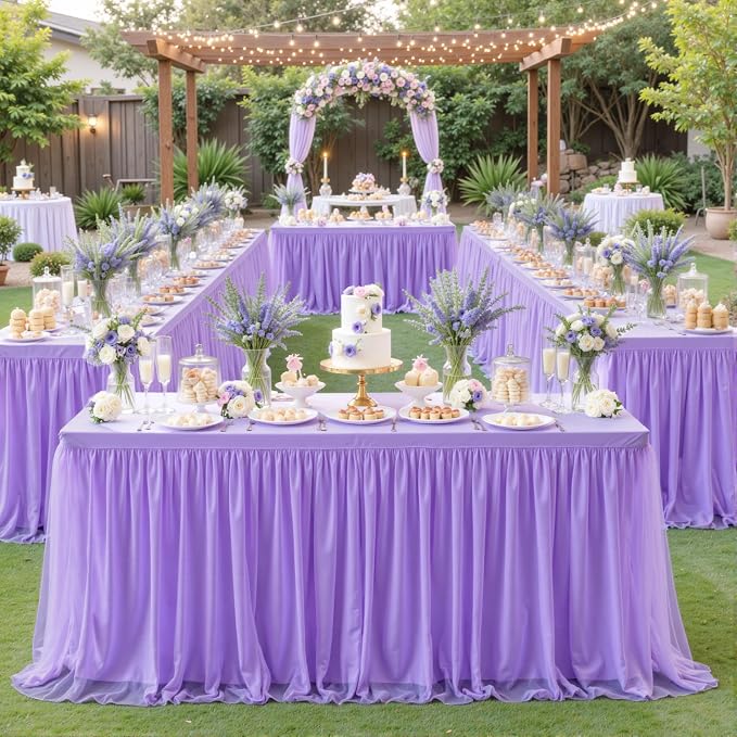 Purple Table Cloth Spandex Table Covers 8ft Fitted Tulle Tablecloth Rectangular Desk Skirt Stretch Lavender Lilac Table Cloths Covers Party Banquet Birthday Baby Shower Wedding Table Cloth, 2 Pack