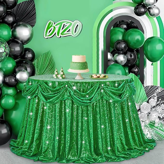 B-COOL Round Tablecloth Sequin Draping Decorations: 132 Inch Tablecloths Sequin Overlay Green Shimmer Fabric for Birthday Dinner Parties Christmas Decor