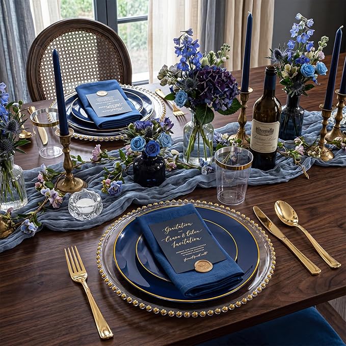 KIRE 350Pcs Blue and Gold Plates -Heavy Duty Navy Blue Dinnerware Set - 100 Plastic Plates 50 Pre Rolled Napkins with Gold Plastic Silverware 50 Cups for Birthday/Wedding/Parties/Graduation