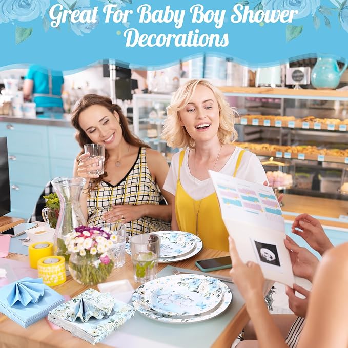 Funnymoom 200 Pcs Elephant Baby Shower Party Supplies Kit It's a Boy Disposable Paper Dinner Plates Dessert Plates Baby Gender Reveal Napkins for Blue Floral Elephant Baby Shower Party 50 Guests