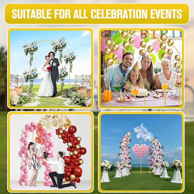 Metal Arch Backdrop Stand Set of 2 (7.2FT and 6FT), Gold Wedding Stand for Wedding, Baby Shower, Birthday Party, Graduation, Indoor, Outdoor, Balloons Flowers, Stable Base, Easy to Assemble