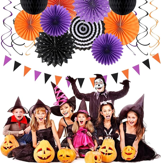 Orange Black Purple Halloween Party-Decorations - 33Pcs Banner,Streamers Tassel Garland,Tissue Pom Poms Honeycomb,Paper Lantern Fan,Birthday Wedding Baby Bridal Shower Decor Hugtmr