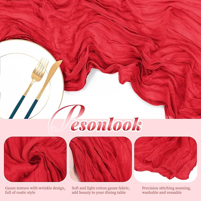 12 Pack Red Cheesecloth Table Runner, 10FT Cheesecloth Rustic Boho Table Runner Long Romantic Semi Sheer Table Runner for Wedding Baby Shower Birthday Bridal Party Decorations(21.5×120 Inch)