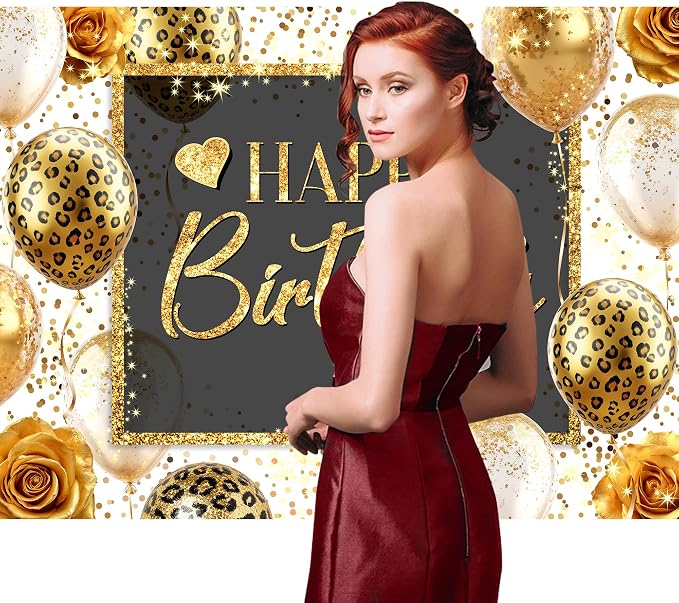 Happy Birthday Backdrop 7Wx5H Feet Polyester Fabric Gold Leopard Balloon Love Heart Rose Elegant Flower Confetti Decoration Girly Gold Glitter Photography Background Photo Shoot Props