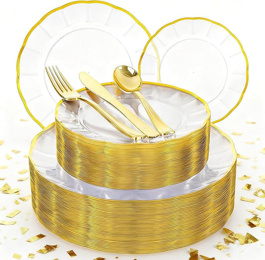 EI 150pcs Clear Plastic Plates with Gold Plastic Silverware,Disposable Plate Heavy Duty,Clear and Gold Dinnerware Set,Elegant Plates for Party,Wedding,Afternoon Tea,Spring,Valentine's Day