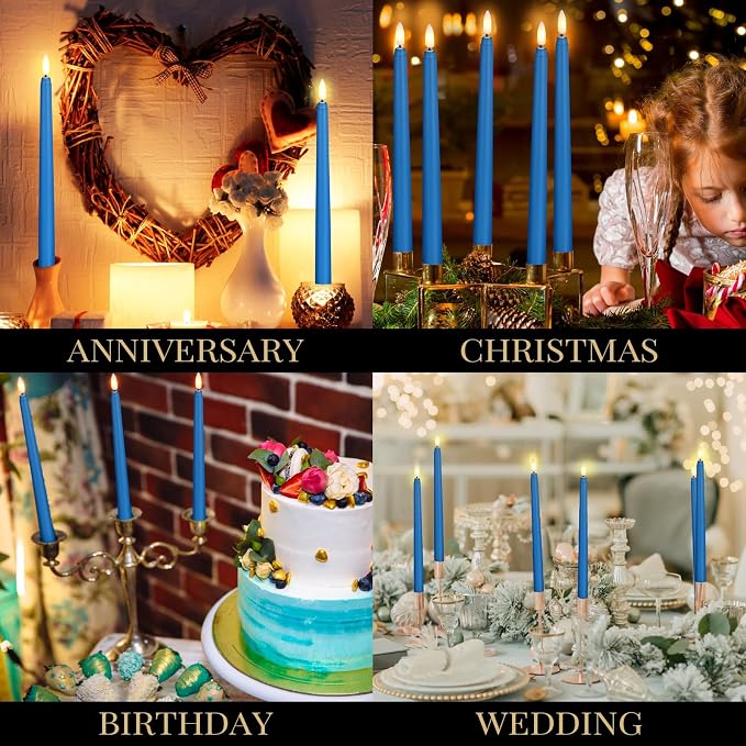Macarrie 24 Packs Flameless Taper Candles Battery Operated Fake 11 Inch Long Candlelight LED Flameless Candlesticks Flickering Tapered for Summer Fall Wedding(Blue)