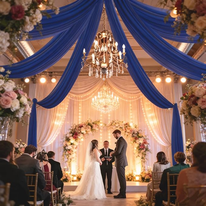 DUOBAO Royal Blue Chiffon Ceiling Drapes 5FTx30FT 6 Panels Sheer Canopy Drapes for Valentine's Day Wedding Party Event Ceiling Decor