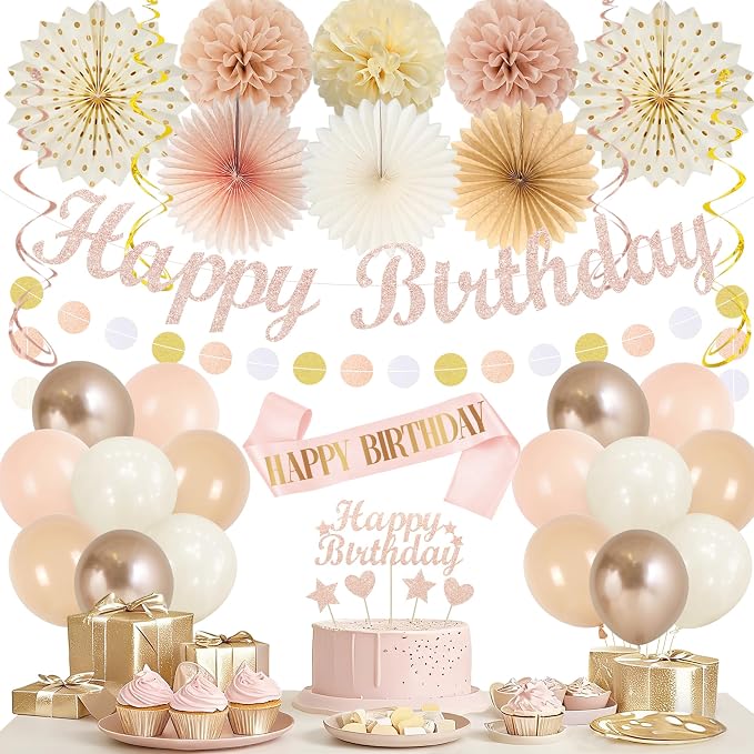 Vlipoeasn Beige Pink Birthday Party Decorations Champagne Women Girls | Rose Gold Peach Happy Birthday Banner Cake Topper Paper Fans Pompoms Latex Balloons Haning Swirls Kit for Women Girls Indoor