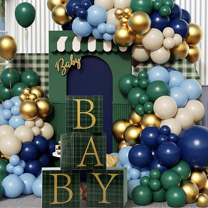 Vicenpal Blue Green Tartan Plaid Baby Shower Boxes with Letters for Baby Shower Decorations Bear Themed Gender Reveal Decoration Photo Prop & Forest Animal Nursery Decor Set of 4 Birthday Party Favors