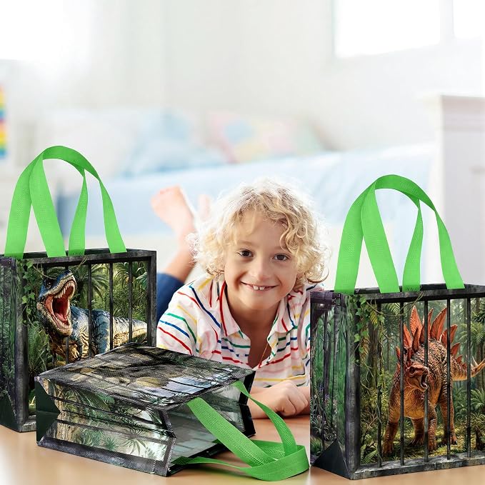 Sweetude 40 Pcs Realistic Dinosaur Gift Party Favor Bags with Handle, Non Woven Goodie Bags Birthday Favor for Boys Girls Birthday Baby Shower Supplies