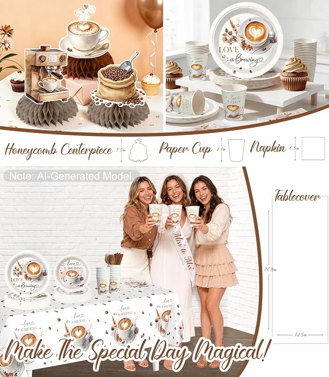 316 pcs Love Is Brewing Bridal Shower Decorations, All-in-One Bridal Shower Decor Set for 25 Guests with Balloon Arch, Bridal Veil, Tablecloth, Backdrop, Cake Topper, Thick Plates and Photo Props