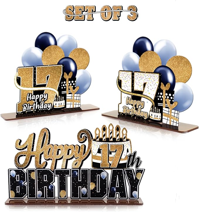 LINGTEER Happy 17th Birthday Gold Acrylic Table Topper Centerpieces Set - Cheers to Seventeen Years Old Birthday 17th Bday Party Gift Decorations.