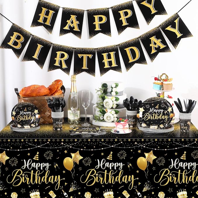 Vesici 171 Pcs Happy Birthday Party Supplies 24 Set Disposable Party Tableware include Plates Cups Napkins Cutlery and Banner Tablecloth Birthday Dinner Decorations for Men Woman(Black, Gold)