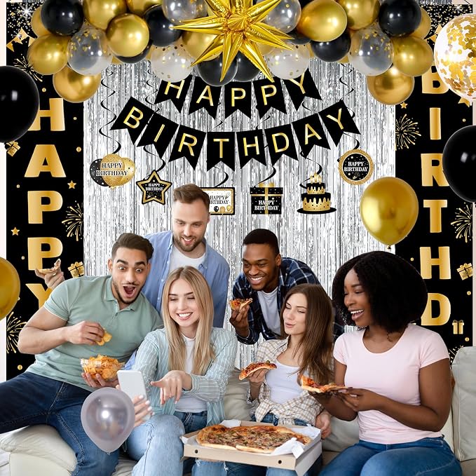 Black and Gold Birthday Decorations for Men Women, Happy Birthday Decorations Gold and Black Party Decoration Kit, Happy Birthday Banner Balloons Tablecover Fringe Curtain Swirls, Mens Man Bday Decor