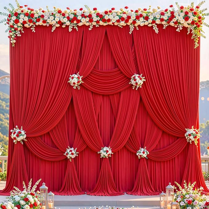 30ftx12ft Wrinkle Free Red Backdrop Curtain, 6 Panels 12FT Long Wedding Photo Backdrop Drapes, Silky Polyester Back Drop Cloth for Birthday Photography Background Party Backdrop Draping