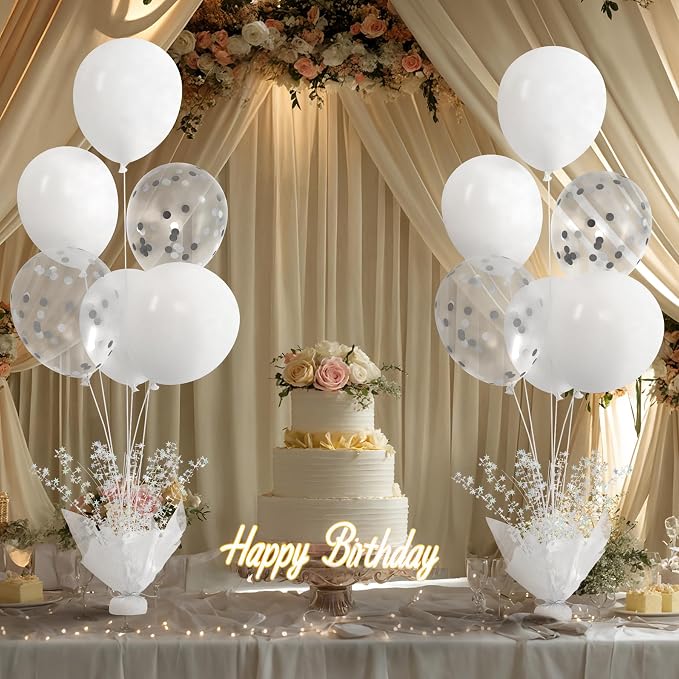 2 Set White Table Balloons Centerpiece with White and Confetti Balloons Stand Kit for Birthday Party Baby Shower Wedding Bridal Shower Prom Cake Table Decorations