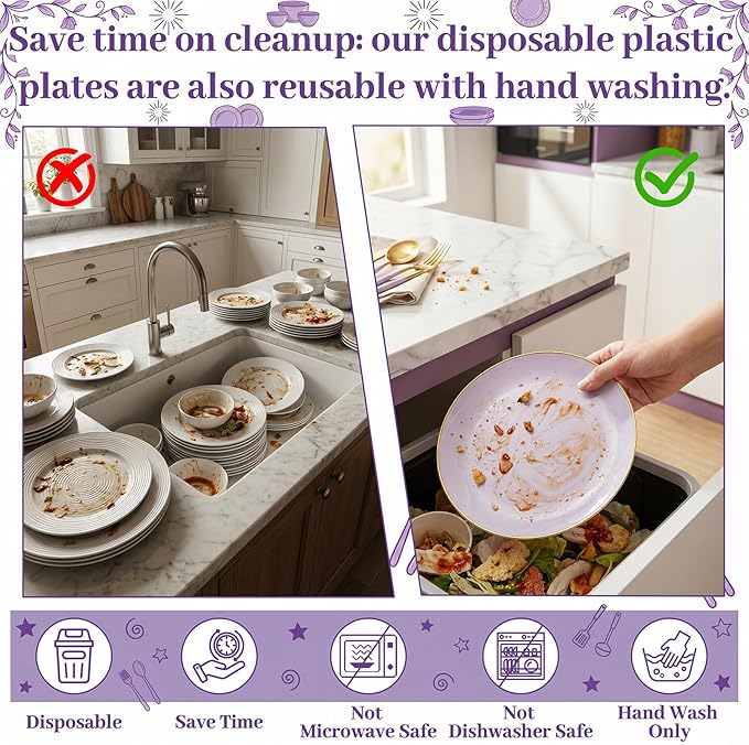 DaYammi 150Pcs Purple Plastic Plates with Gold Rim,Disposable Plastic Plates Include 30 Dinner Plate,30 Salad Plate,30 Forks,30 Spoons,30 Knive,Purple Disposable Platos for Party Wedding Mother's Day