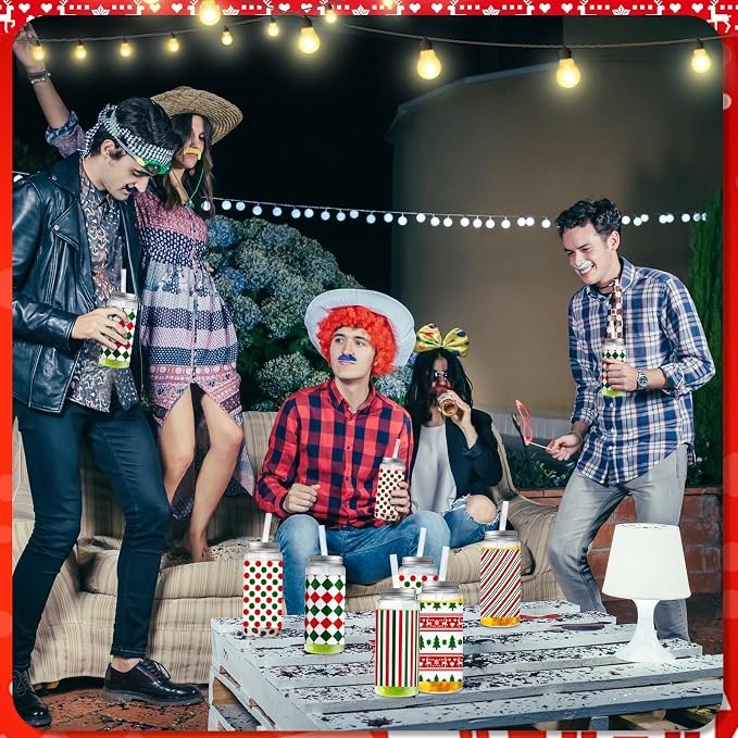 Skylety 30 Pcs Christmas Plastic Cups with Lids and Straws 13.5 oz Red and Green Striped Reusable Plastic Tumbler Christmas Party Decor for Xmas Women Birthday Party Supplies