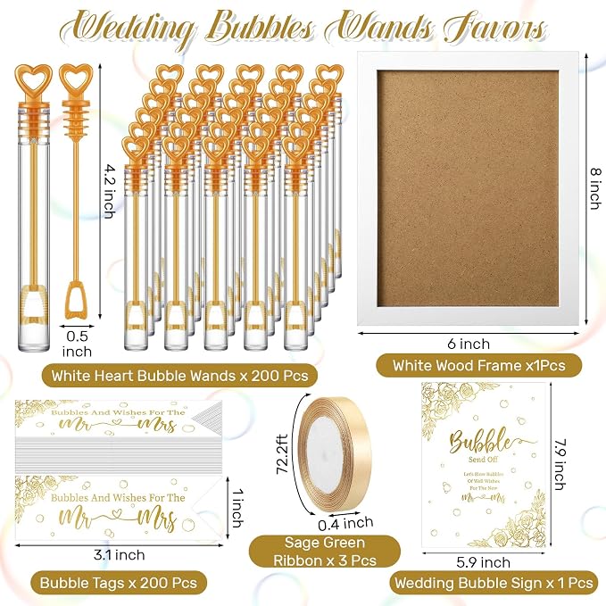 405 Pcs Wedding Send Off Bubble Ideas Set Include Heart Bubble Wands Gift Tags Cards Wood Photo Frame Ribbons Wedding Send Off Party Favors for Guests(Gold)