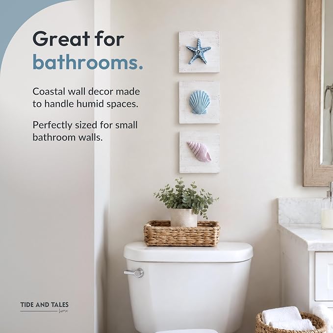 Tide and Tales 3D Beach Wall Art - Seashell with Starfish for Coastal Bathroom Decor, Ocean Inspired Decor for Bathroom, Coastal Bedroom, Living Room or Beach House, Set of 3 (6”x 6”)