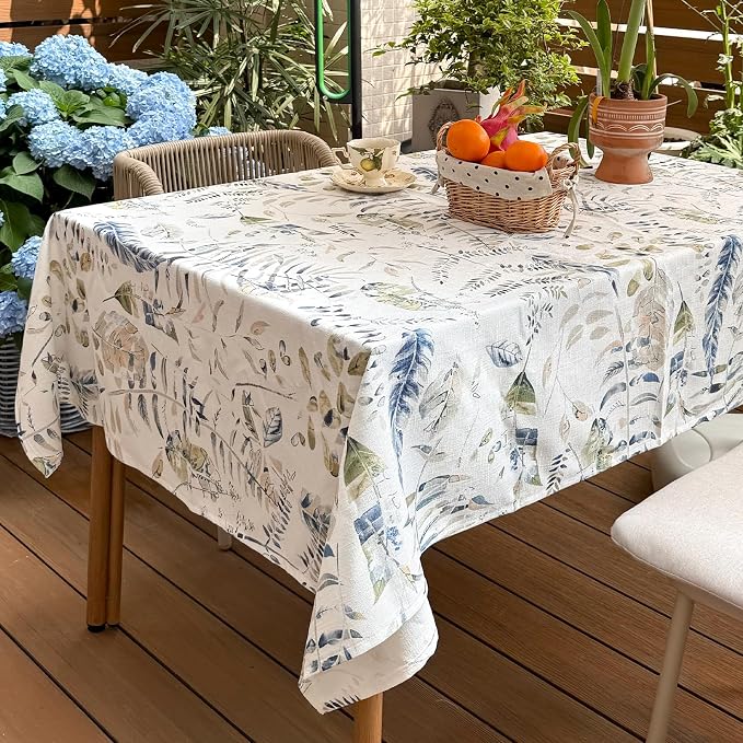 Rectangular Table Cloth 140x70 Inches, Cotton Linen Waterproof Fabric Tablecloth, Blue Green Leaf Print Decorative Table Cloth for Outdoor, Dining, Wedding, Party, Kitchen
