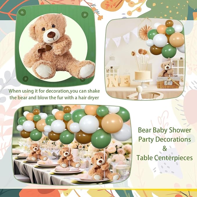 Meooeck 185 Pcs Bear Baby Shower Party Decorations Table Centerpieces 5 Pcs 13. 5'' Gender Reveal Bears 180 Balloons Kit Baby Shower Table Decor for Birthday Wedding(Green, Brown, Nude, White)