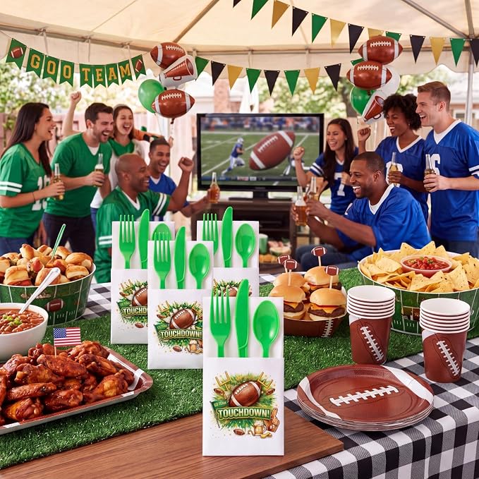 LemonRoad 50 Sets Football Party Plastic Silverware Pre-folded Cutlery Serves 50 Includes Forks Knives Spoons Paper Napkin Disposable Football Tableware for Tailgate Party Sports Gathering Game Day
