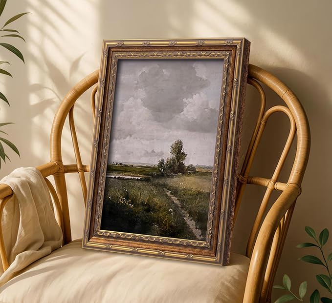 Vintage Gold Framed Rustic Landscape Wall Art Nature Landscape Canvas Wall Decor Cottagecore Poster Artwork Picture for Home Living Bedroom Farmhouse Hallway