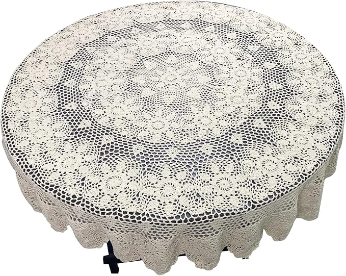 USTIDE Handmade Crochet Round Tablecloth 60-inch Beige Lace Table Overlays Floral Table Covers for Bedroom Kitchen Coffee Dining