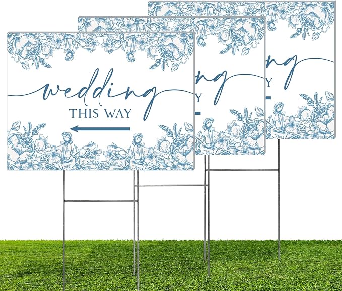 3 Pack 14.5” x 10.5” Wedding This Way Signs Double Sided Printed Wedding Direction Sign with Stakes for Ceremony Reception Lawn Yard Direction Arrow Signs Exquisite Plastic Rainproof Party Supplies,Blue Floral