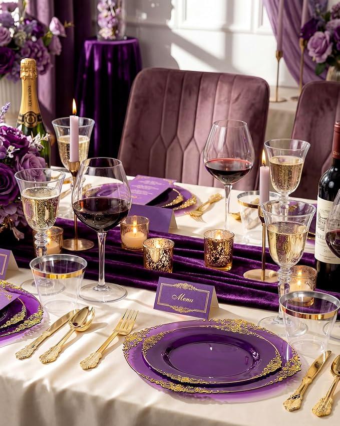Nervure 350PCS Purple Plastic Plates - Disposable Purple Gold Party Plates & Pre Rolled Napkins with Cutlery for 50 Guests, 100Plates, 150 Silverware, 50 Cups, 50 Napkin for Wedding & Party & Bridal