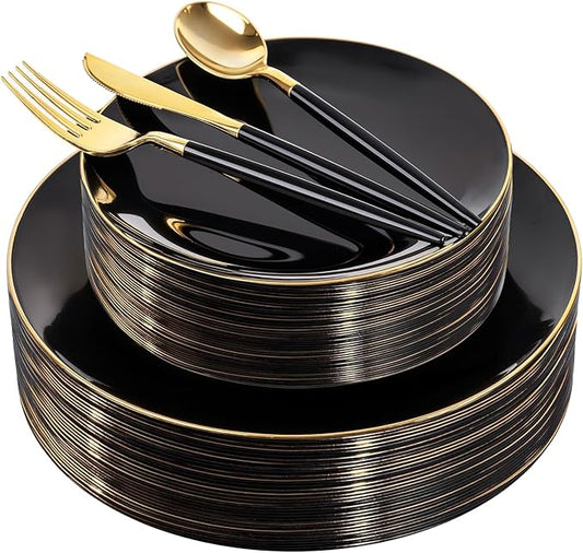 DaYammi 150Pcs Black Plastic Plates with Gold Silverware,Black Disposable Plates Set Included 30 Dinner Plate,30 Dessert plate,30 Knives,30 Forks,30 Spoons,black and gold plates for Party Wedding