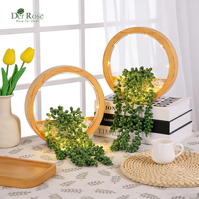 Der Rose 2 Pack Lighted Hanging Plants, Artificial String of Pearls Plants with Warm LED Lights, Aesthetic Fake Plants for Wood Tone Bedroom Bathroom Living Room Wall Decor, Party & Gift for Women