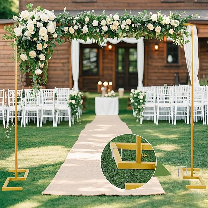8.2FT Square Arch Backdrop Stand,Metal Gold Backdrop Stand Heavy Duty Adjustable,Extra 2 Clamps Change Over The Table Rod Stand,Wedding Balloon Arch Stand for Valentine Parties Decoration