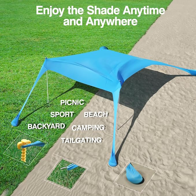 Rhino Valley Beach Tent, 7 x 6.5 Ft Beach Shade UPF50+ Protection, Beach Canopy with 4 Sandbags 2 Stability Poles, Outdoor Beach Tent Sun Shelter Umbrella for Sand,Camping,Fishing Essentials, Sky Blue