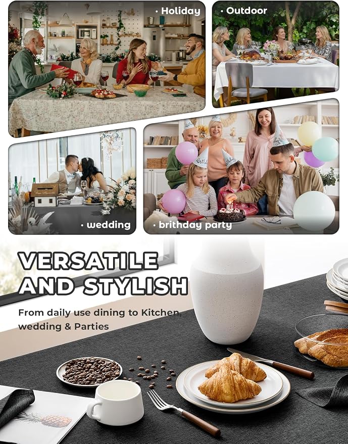 Decorelia Black Extra Large Cloth Table Cloths for Rectangle Tables,Waterproof Washable Dinning Table Cover Protector for Birthday, Party, Camping& Wedding(Oblong, 60 x 144 Inch (12-14 Seats), Black)