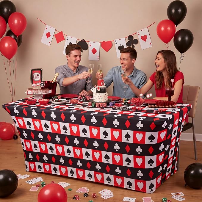 Frienda 1 Pcs Casino Theme Party Decorations Tablecloth Spandex Stretch Red and Black Poker Tablecloth 71 x 30'' Casino Themed Table Cover for Poker Game Playing Card Birthday Party Supplies