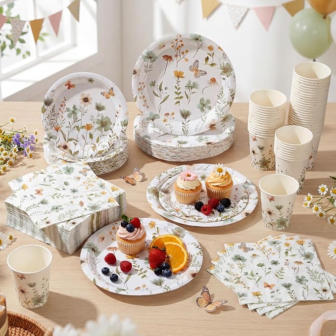 Ziliny 250 Pcs Wildflower Party Decorations Include Spring Summer Floral Paper Plates Napkins and Cups for Wildflower Baby Shower Tea Decorations, Serve 50 Guest (Green, Spring Style)