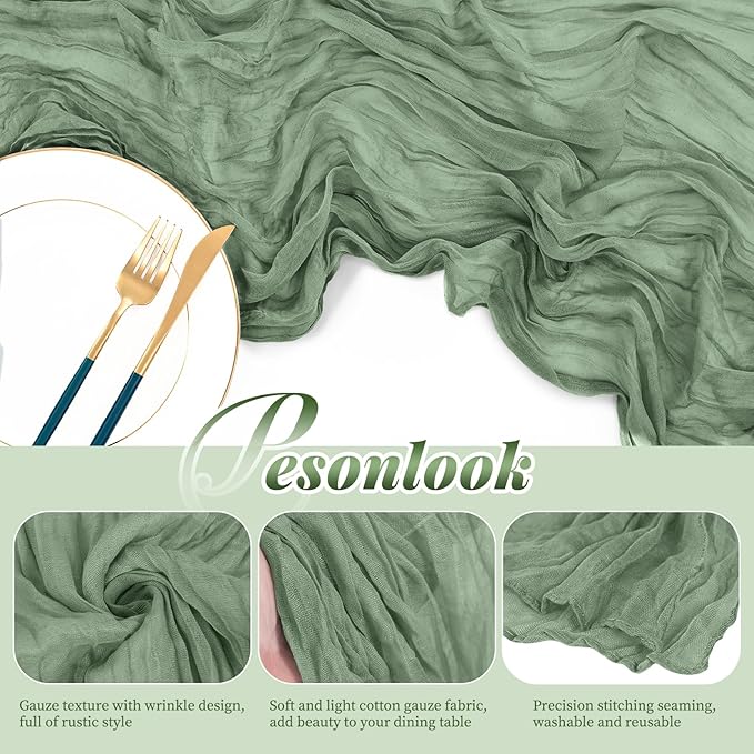 12 Pack Sage Green Table Runner, 10FT Cheesecloth Table Runner Long Romantic Semi Sheer Rustic Boho Gauze Table Runners for Wedding Bridal Shower Birthday Party Decorations(21.5×120 Inch)